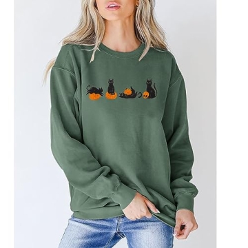 IZYJOY Women Halloween Cat Pumpkin Sweatshirt Oversized Style