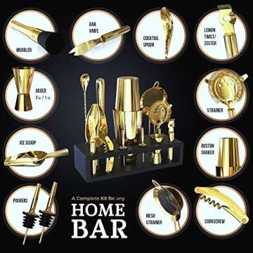 Highball & Chaser Gold Plated Bartender Kit with Black Bamboo Stand Boston Shaker Cocktail Shaker Se...