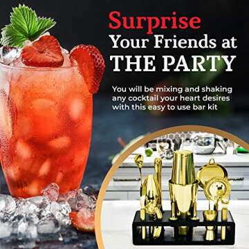 Highball & Chaser Gold Plated Bartender Kit with Black Bamboo Stand Boston Shaker Cocktail Shaker Set with Stainless Steel Bar Tools