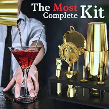 Highball & Chaser Gold Plated Bartender Kit with Black Bamboo Stand Boston Shaker Cocktail Shaker Set with Stainless Steel Bar Tools