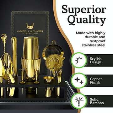 Highball & Chaser Gold Plated Bartender Kit with Black Bamboo Stand Boston Shaker Cocktail Shaker Set with Stainless Steel Bar Tools