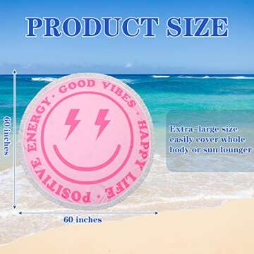 Tudomro Pink Preppy Beach Towel 60 Inch Smile Round Beach Towel Preppy Rug Absorbent Face Blanket Qu...
