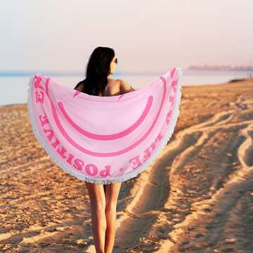 Tudomro Pink Preppy Beach Towel 60 Inch Smile Round Beach Towel Preppy Rug Absorbent Face Blanket Quick Dry Happy Picnic Rug with Tassels for Bathroom Pool Surfing Outdoor Meditation