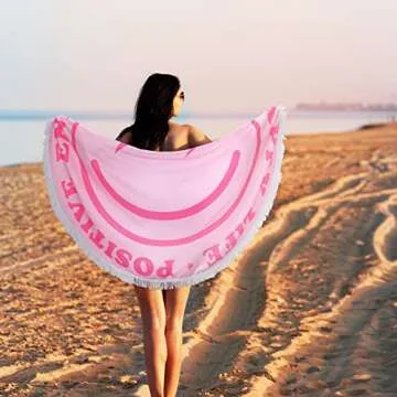 Tudomro Pink Preppy Beach Towel 60 Inch Smile Round Beach Towel Preppy Rug Absorbent Face Blanket Quick Dry Happy Picnic Rug with Tassels for Bathroom Pool Surfing Outdoor Meditation
