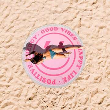 Tudomro Pink Preppy Beach Towel 60 Inch Smile Round Beach Towel Preppy Rug Absorbent Face Blanket Quick Dry Happy Picnic Rug with Tassels for Bathroom Pool Surfing Outdoor Meditation