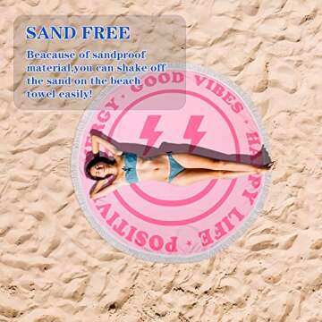 Tudomro Pink Preppy Beach Towel 60 Inch Smile Round Beach Towel Preppy Rug Absorbent Face Blanket Quick Dry Happy Picnic Rug with Tassels for Bathroom Pool Surfing Outdoor Meditation