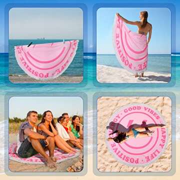 Tudomro Pink Preppy Beach Towel 60 Inch Smile Round Beach Towel Preppy Rug Absorbent Face Blanket Quick Dry Happy Picnic Rug with Tassels for Bathroom Pool Surfing Outdoor Meditation