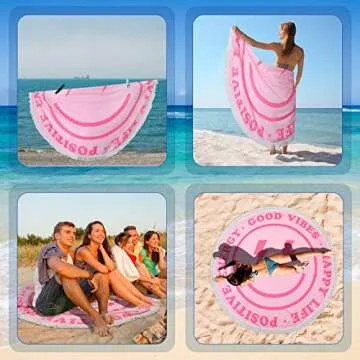 Tudomro Pink Preppy Beach Towel 60 Inch Smile Round Beach Towel Preppy Rug Absorbent Face Blanket Quick Dry Happy Picnic Rug with Tassels for Bathroom Pool Surfing Outdoor Meditation