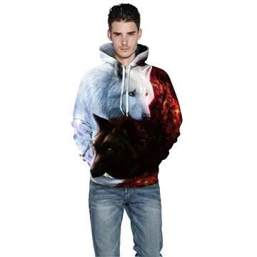 Mchochy Couples 3D Printed Black White Wolf Hoodies Sweatshirt for Men Women (Asia XXL/3XL = US XL, Taichi Wolf)