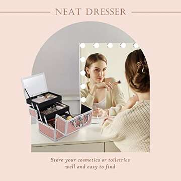 Costravio Portable Makeup Train Case Cosmetic Box 2 Trays Makeup Storage Organizer with Mirror Locka...