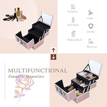 Costravio Portable Makeup Train Case Cosmetic Box 2 Trays Makeup Storage Organizer with Mirror Lockable for Nail Tech Jewelry Girls Travel Case - Rose Gold