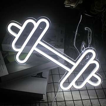 Lucunstar Gym Neon Sign,Barbell Dumbbell Shaped Neon signs White Neon Lights Sign Gym Wall Stickers for Fitness Club Decor LED Neon Sign for Teen Girls Teen Sports Room Game Room Decor