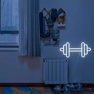 Lucunstar Gym Neon Sign,Barbell Dumbbell Shaped Neon signs White Neon Lights Sign Gym Wall Stickers for Fitness Club Decor LED Neon Sign for Teen Girls Teen Sports Room Game Room Decor