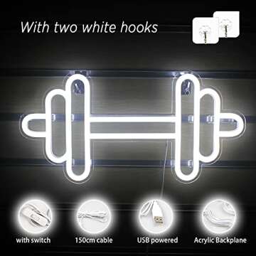 Lucunstar Gym Neon Sign,Barbell Dumbbell Shaped Neon signs White Neon Lights Sign Gym Wall Stickers for Fitness Club Decor LED Neon Sign for Teen Girls Teen Sports Room Game Room Decor