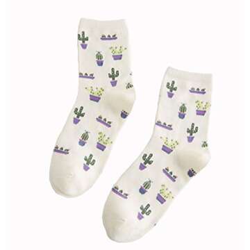 Crew Socks,5-pack Women Cacti Parttern Casual Socks Cotton Knitting Winter Fall Crew Socks Mix Color One Size