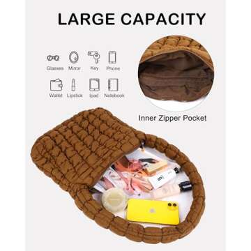 Rejolly Puffer Quilted Shoulder Bag for Women Puffy Bubble Tote Bag Lightweight Nylon Handbag Padded Soft Purse Brown