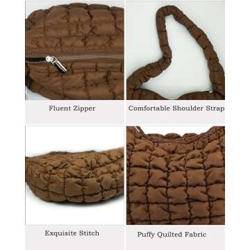 Rejolly Puffer Quilted Shoulder Bag for Women Puffy Bubble Tote Bag Lightweight Nylon Handbag Padded Soft Purse Brown