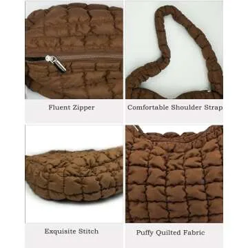 Rejolly Puffer Quilted Shoulder Bag for Women Puffy Bubble Tote Bag Lightweight Nylon Handbag Padded Soft Purse Brown