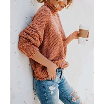 kayamiya Women's Turtleneck Sweaters Oversized Chunky Knit Slouchy Warm Knitwear Pullover Tops S Brick Red