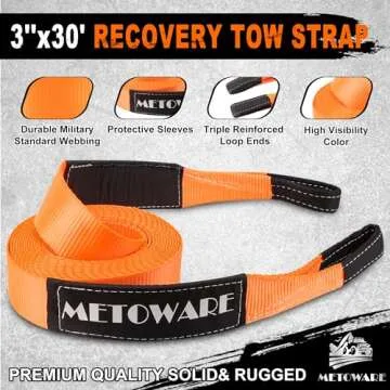 METOWARE Heavy Duty Tow Strap Recovery Kit - 3" x 30ft(35,000lbs) Tree Saver Winch Strap + 3/4" D Ri...