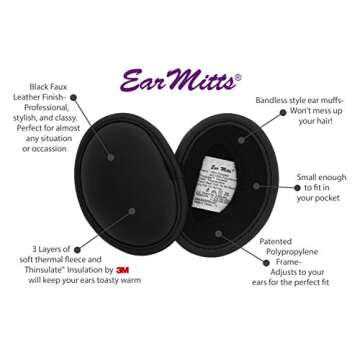 EAR MITTS® Bandless Ear Muffs, Black Faux Leather Ear Warmers, Regular