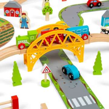 Bigjigs Rail 80 Piece Rural Road and Rail Wooden Train Set - Kids Train Set with 80 Bigjigs Train Ac...
