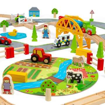 Bigjigs Rail 80 Piece Rural Road and Rail Wooden Train Set - Kids Train Set with 80 Bigjigs Train Accessories incl. Bridges & a Level Crossing for Pretend Play