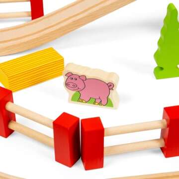 Bigjigs Rail 80 Piece Rural Road and Rail Wooden Train Set - Kids Train Set with 80 Bigjigs Train Accessories incl. Bridges & a Level Crossing for Pretend Play