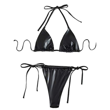 SOLY HUX Women's Metallic Halter Top Two Piece Swimsuit Tie Side Triangle Thong Bikini Bathing Swimwear Black Leather S