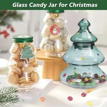 Luvan 18oz Glass Candy Jar with Lid, Christmas Tree Large Container Covered Candy Bowl, Candy Dish for Home Kitchen Office Desk Christmas Gift