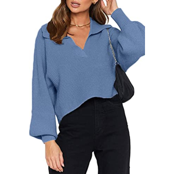 CHYRII Women’s Casual Oversized Puff Long Sleeve V Neck Pullover Sweater