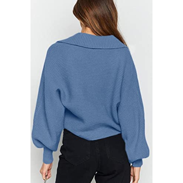 CHYRII Oversized Puff Sleeve Polo V Neck Sweater Baby Blue