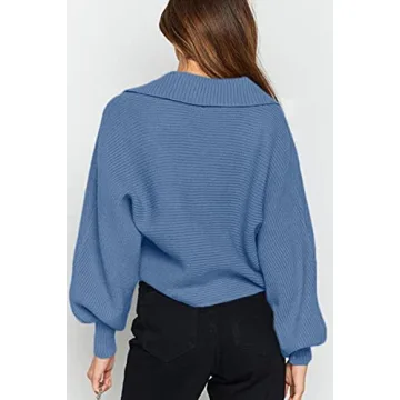 CHYRII Oversized Puff Sleeve Polo V Neck Sweater Baby Blue