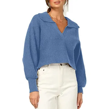 CHYRII Oversized Puff Sleeve Polo V Neck Sweater Baby Blue