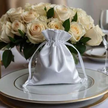 Knitial 6" x 9" White Satin Gift Bags, Jewelry Bags, Wedding Favor Drawstring Bags Baby Shower Christmas Gift Bags 50 per Pack