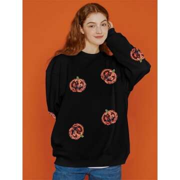 VILOVE Halloween Pumpkin Sequin Sweatshirt Women: Pumpkin Face Long Sleeve Tops Fall Pumpkin Hoodie ...