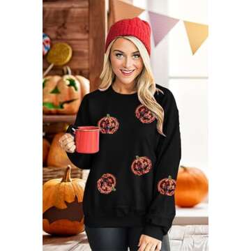 VILOVE Halloween Pumpkin Sequin Sweatshirt Women: Pumpkin Face Long Sleeve Tops Fall Pumpkin Hoodie Halloween Party Pullover Black