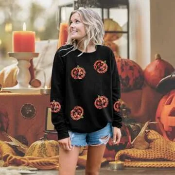 VILOVE Halloween Pumpkin Sequin Sweatshirt Women: Pumpkin Face Long Sleeve Tops Fall Pumpkin Hoodie Halloween Party Pullover Black