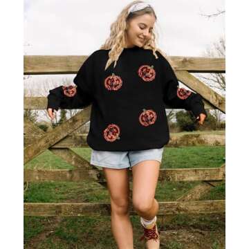 VILOVE Halloween Pumpkin Sequin Sweatshirt Women: Pumpkin Face Long Sleeve Tops Fall Pumpkin Hoodie Halloween Party Pullover Black