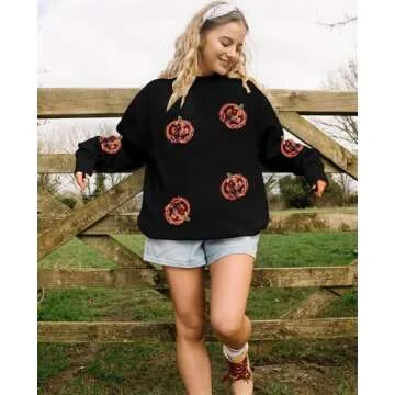 VILOVE Halloween Pumpkin Sequin Sweatshirt Women: Pumpkin Face Long Sleeve Tops Fall Pumpkin Hoodie Halloween Party Pullover Black