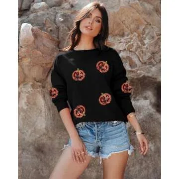 VILOVE Halloween Pumpkin Sequin Sweatshirt Women: Pumpkin Face Long Sleeve Tops Fall Pumpkin Hoodie Halloween Party Pullover Black