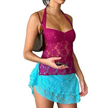 Pivanzore Women's Y2K Lace Cami Tank Top Sexy Mesh See Through Spaghetti Strap Crop Camisole Backles...