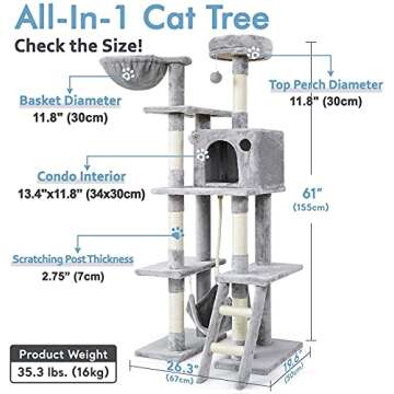 rabbitgoo Cat Tree Cat Tower 61" for Indoor Cats, Multi-Level Cat Condo with Hammock & Scratching Po...