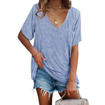imesrun Women's V Neck T-Shirts Short Sleeve Loose Casual Summer Tops with Pocket in Light Blue