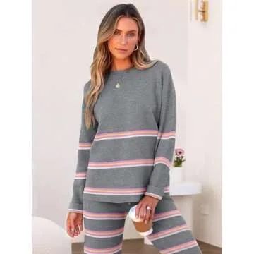 Caracilia Women's 2 Piece Outfits Sweater Sets Striped Oversized Sweaters Knit Wide Leg Pant Lounge Set 2024 Fall Outfits Grey L