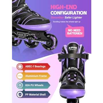 2PM SPORTS Kids Adjustable Inline Skates Ages 4-12, Youth Inlie Skates for Girls Boys 5-8 8-12 with Full Light Up Wheels, Beginner Women Men Adult Skates - Purple Small