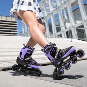 2PM SPORTS Kids Adjustable Inline Skates Ages 4-12, Youth Inlie Skates for Girls Boys 5-8 8-12 with Full Light Up Wheels, Beginner Women Men Adult Skates - Purple Small