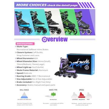 2PM SPORTS Kids Adjustable Inline Skates Ages 4-12, Youth Inlie Skates for Girls Boys 5-8 8-12 with Full Light Up Wheels, Beginner Women Men Adult Skates - Purple Small