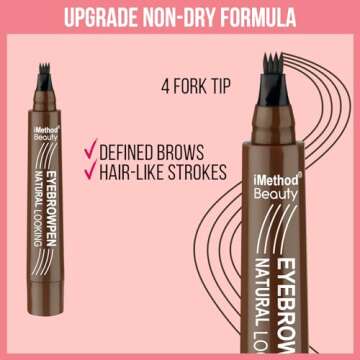 iMethod Microblading Eyebrow Pen - Eyebrow Pencil Magical Upgraded Eye Brow Pencils for Women with 4 Fork Tip & Spoolie Brush for Natural-Looking Hair-Like Defined Brows, Last All-Day, Brown
