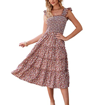 BTFBM Womens Summer Boho Smocked Beach Dresses Sleeveless Shoulder Strap Floral Flowy Tiered Party M...